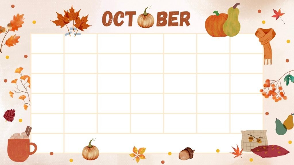 Beige Colorful Autumn Cute Illustration Botanical October 2023 Calendar
