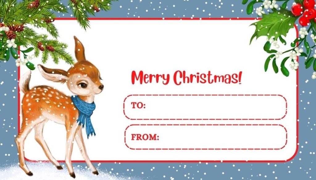 Blue Red Watercolor Cute Deer Merry Christmas Gift Tag