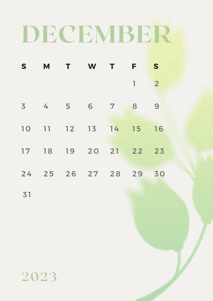 Green Aesthetic December Calendar 2023 A4 Document