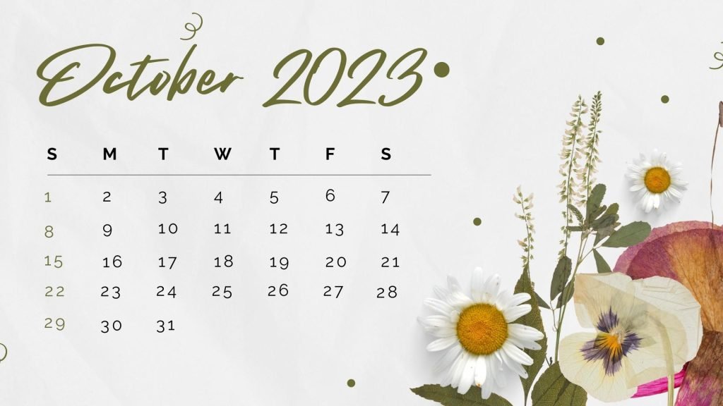 Green Flower Nature Monthly October 2023 Calendar