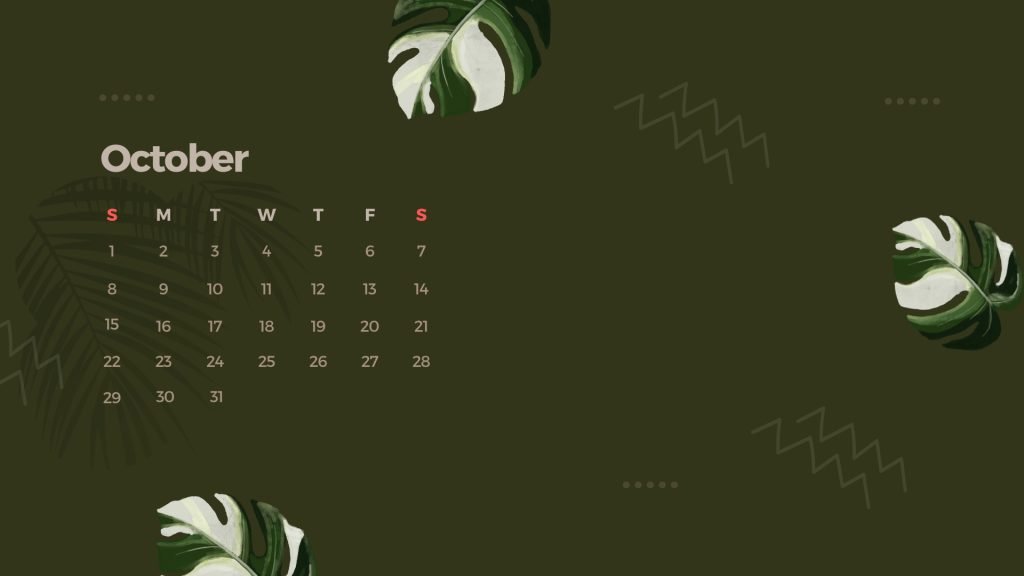 Green Minimalist Nature October Calendar