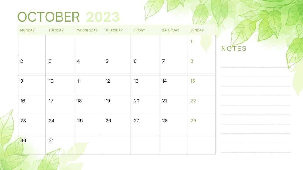 Green Watercolor Spring Leaves October 2023 Calendar 