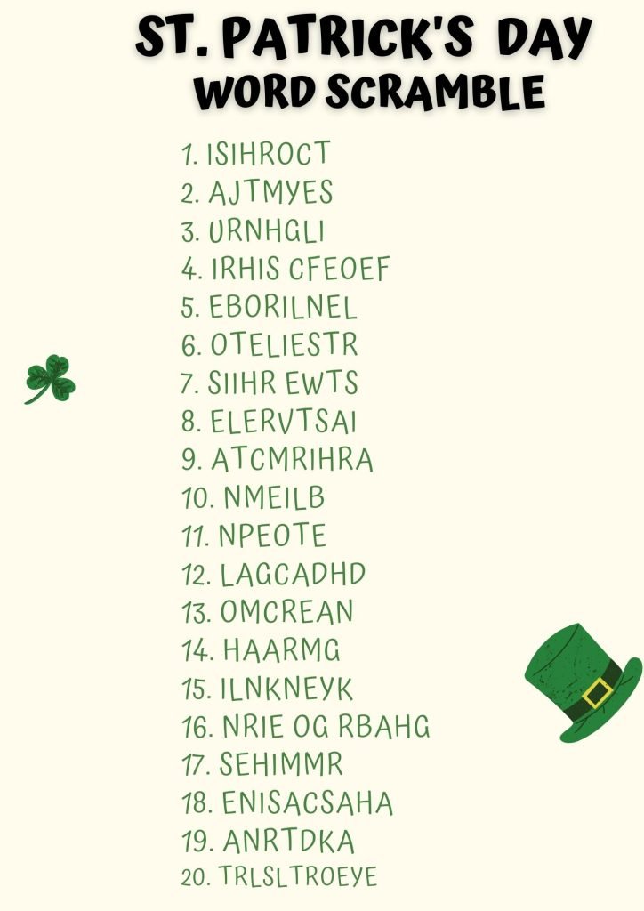 Hard Minimalist St Patrick's Day Word Scramble 