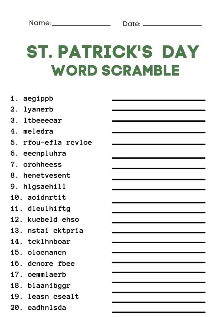 Hard St. Patrick's Day Word Scramble Worksheet