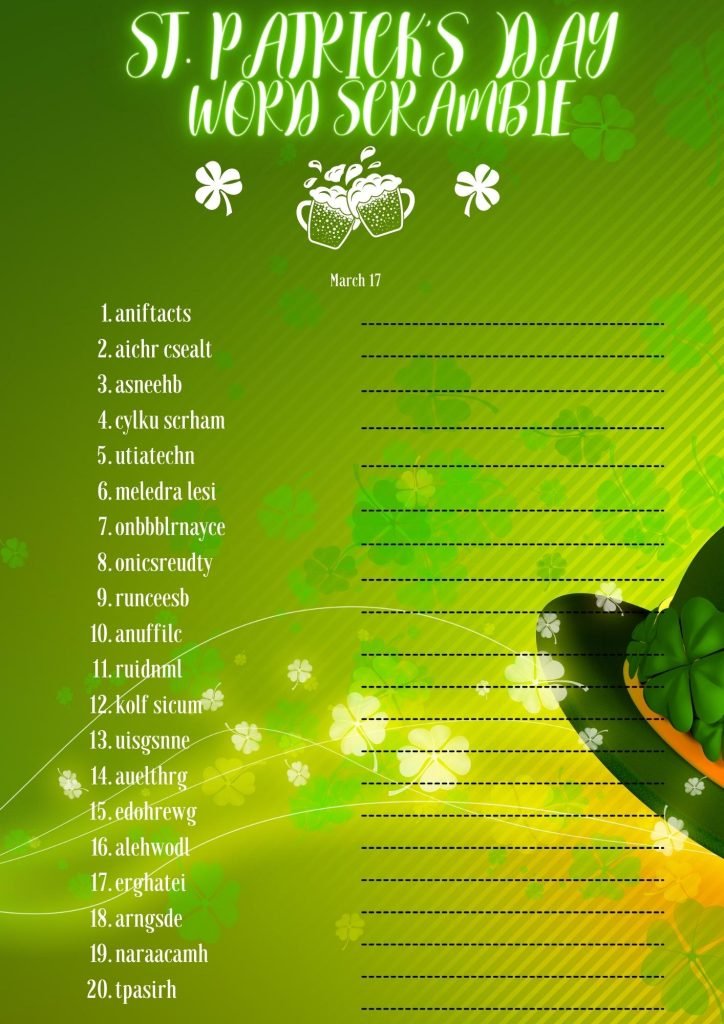 Lovely St. Patrick's Day Word Scramble Worksheet