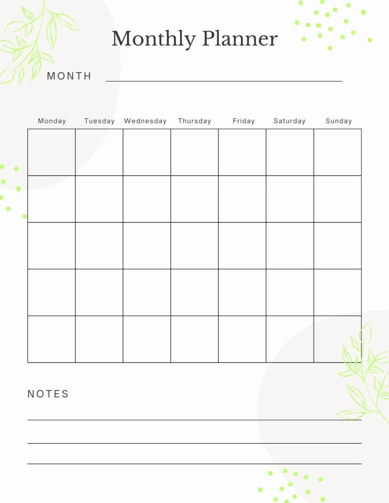 Monthly budget planner with weekdays