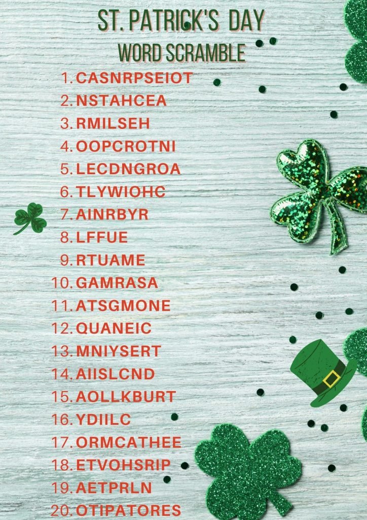 Red & Green Minimalist St Patrick's Day Word Scramble