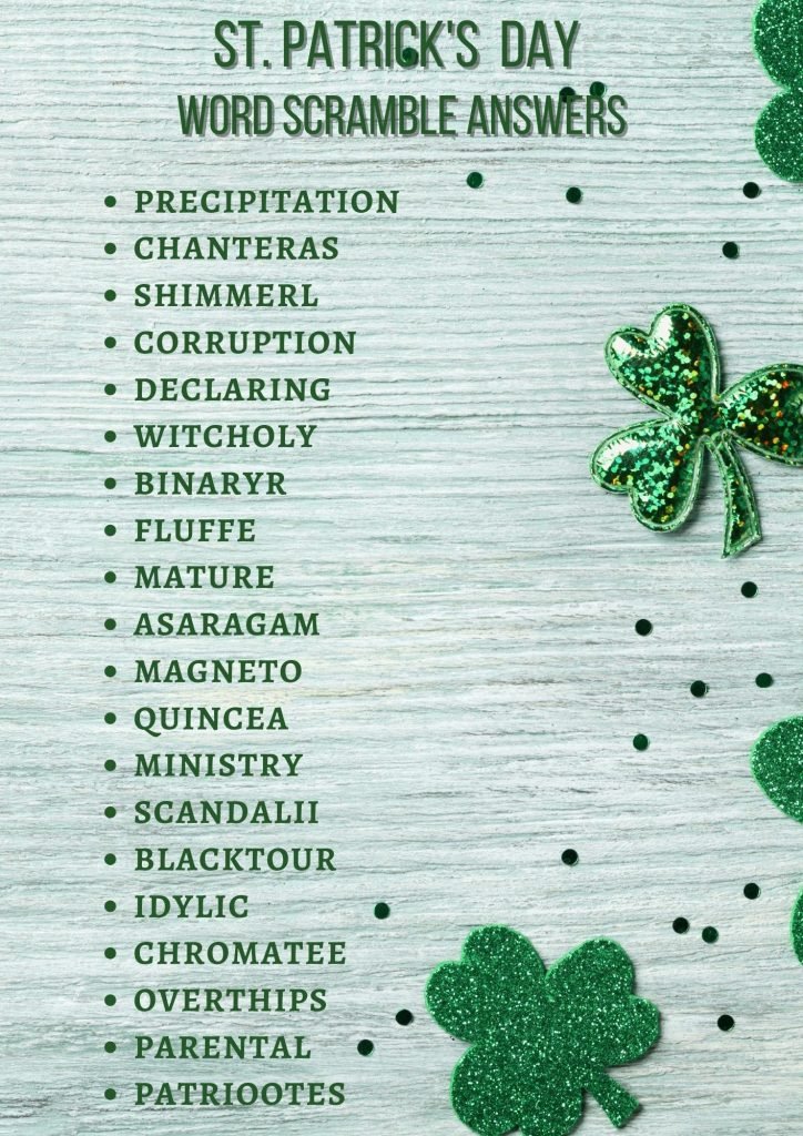 Red & Green Minimalist St Patrick's Day Word ScrambleAnswers