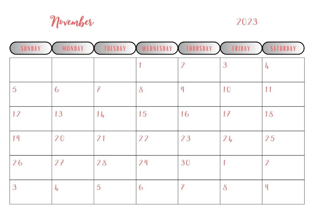 Red Simple Minimalist November 2023 Calendar 