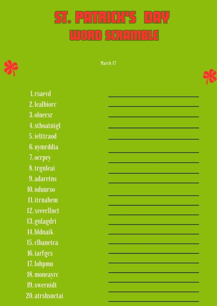 Red St. Patrick's Day Word Scramble Worksheet