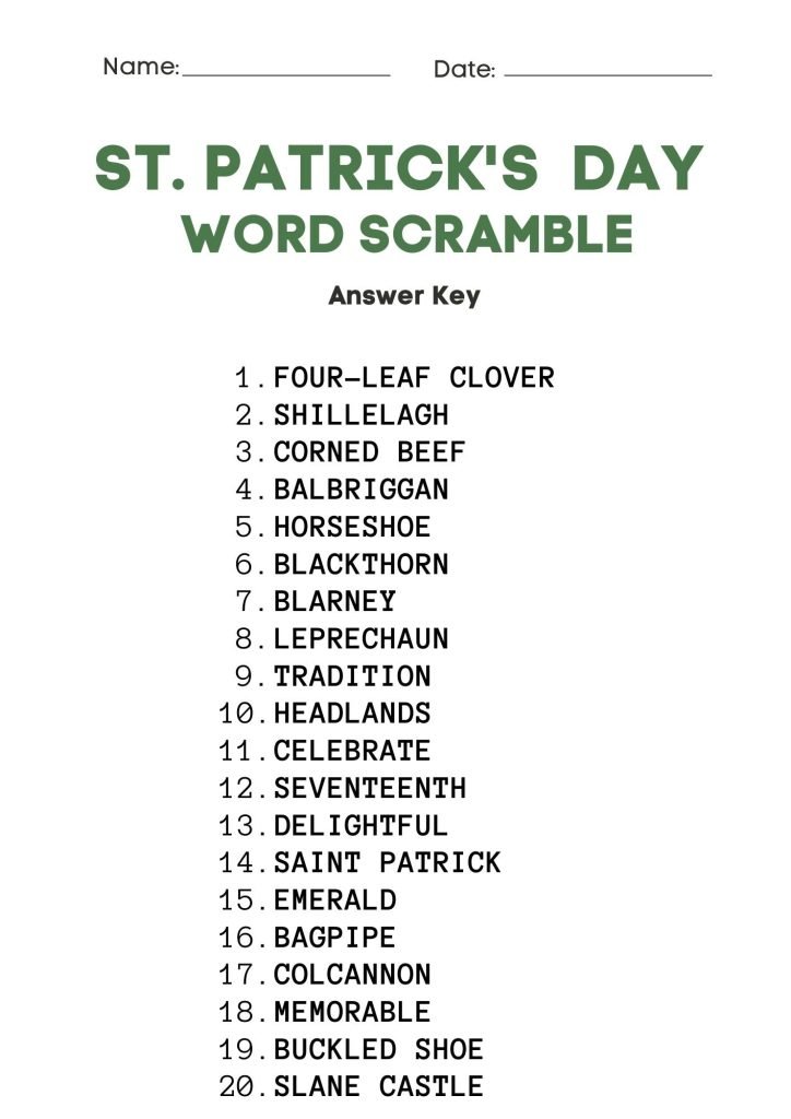St. Patrick's Day Word Scramble Answer sheet