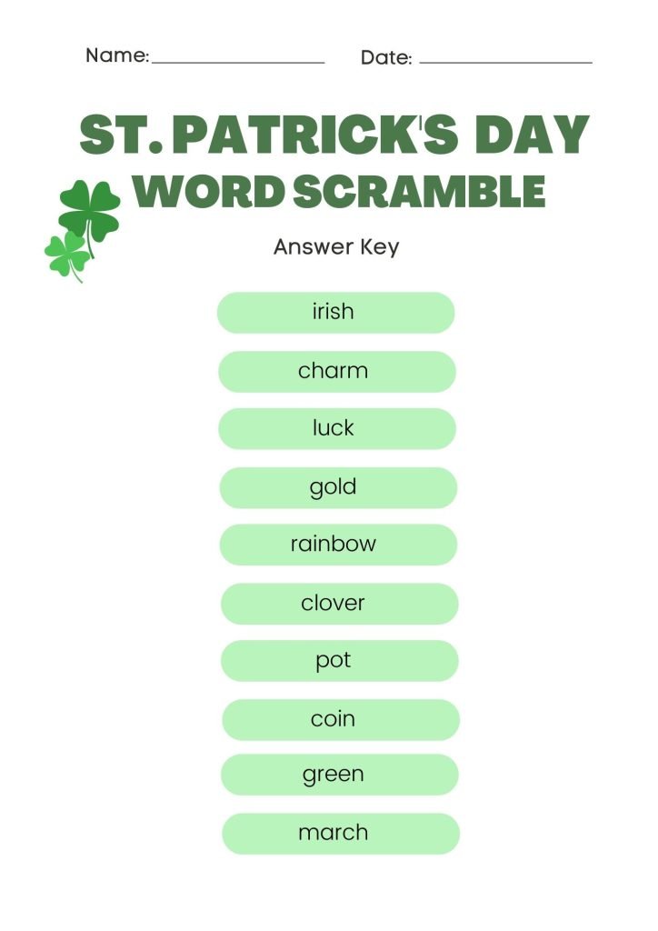 St. Patrick's Day Word Scramble Worksheet Answers