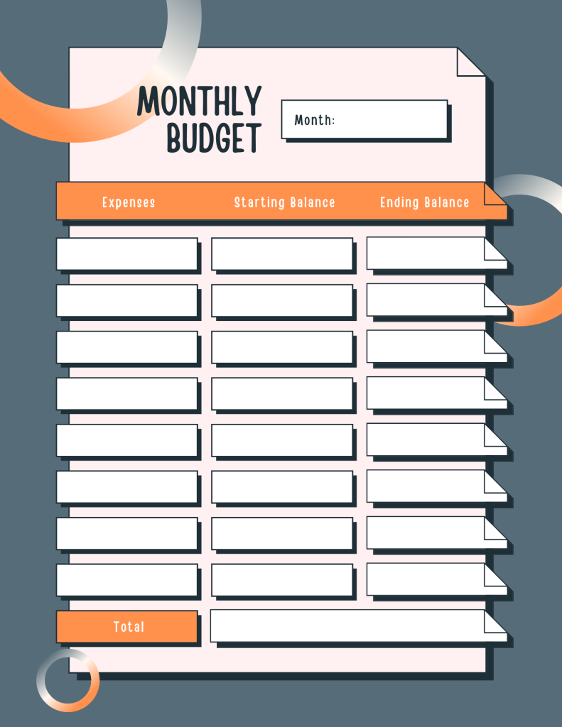 Monthly Budget planner with starting and ending balance