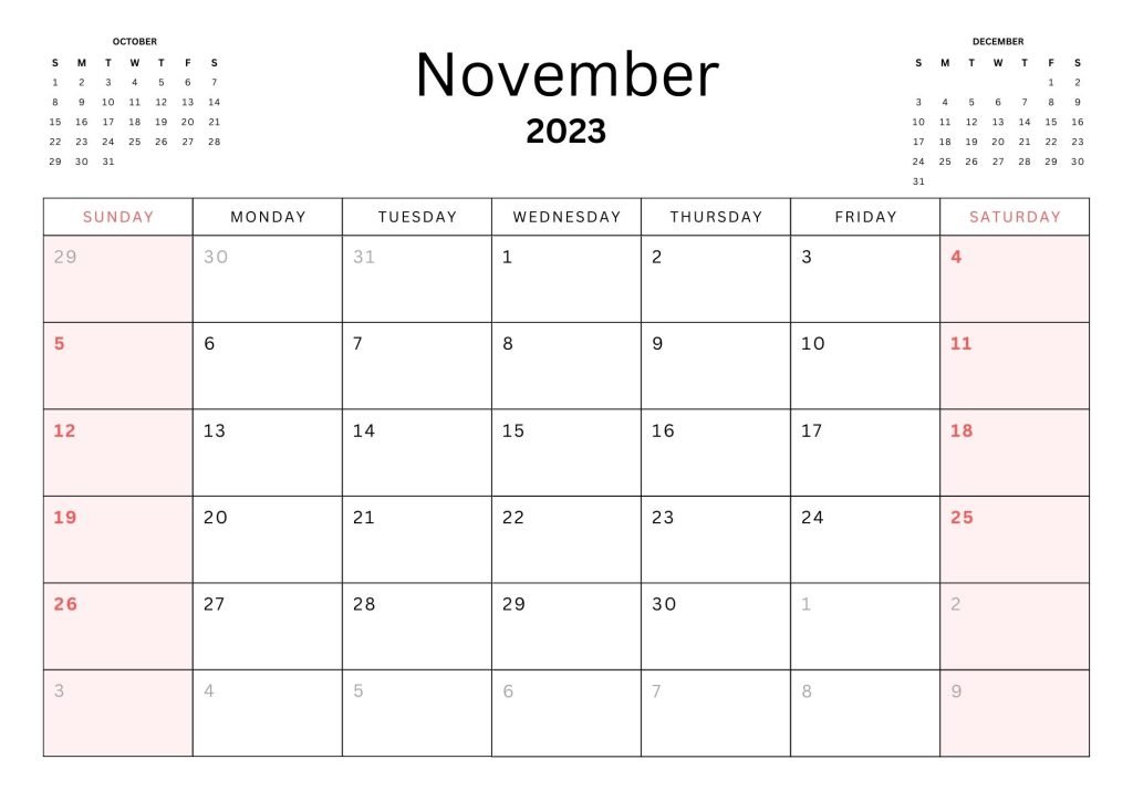 White Simple Minimalist November 2023 Calendar 