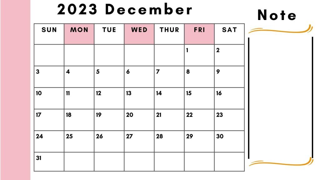 pink and black Simple Minimalist December Planner 2023 Calendar