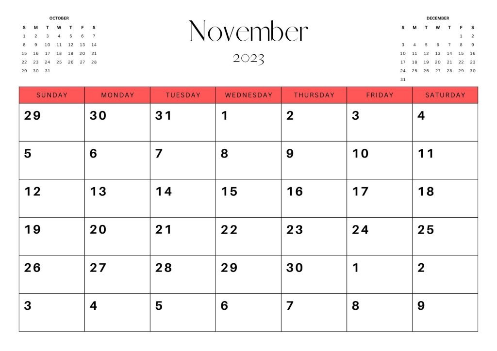 red Simple Minimalist November 2023 Calendar 