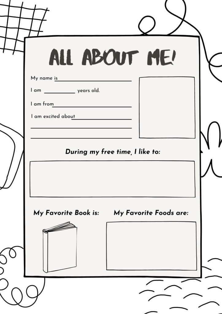 Black Doodle Coloring Student Introduction All About Me Worksheet