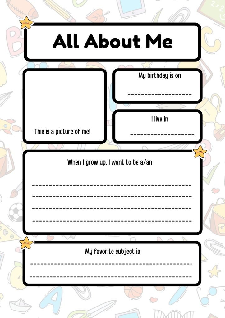 Black and Yellow Cute Illustrative All About Me Worksheet