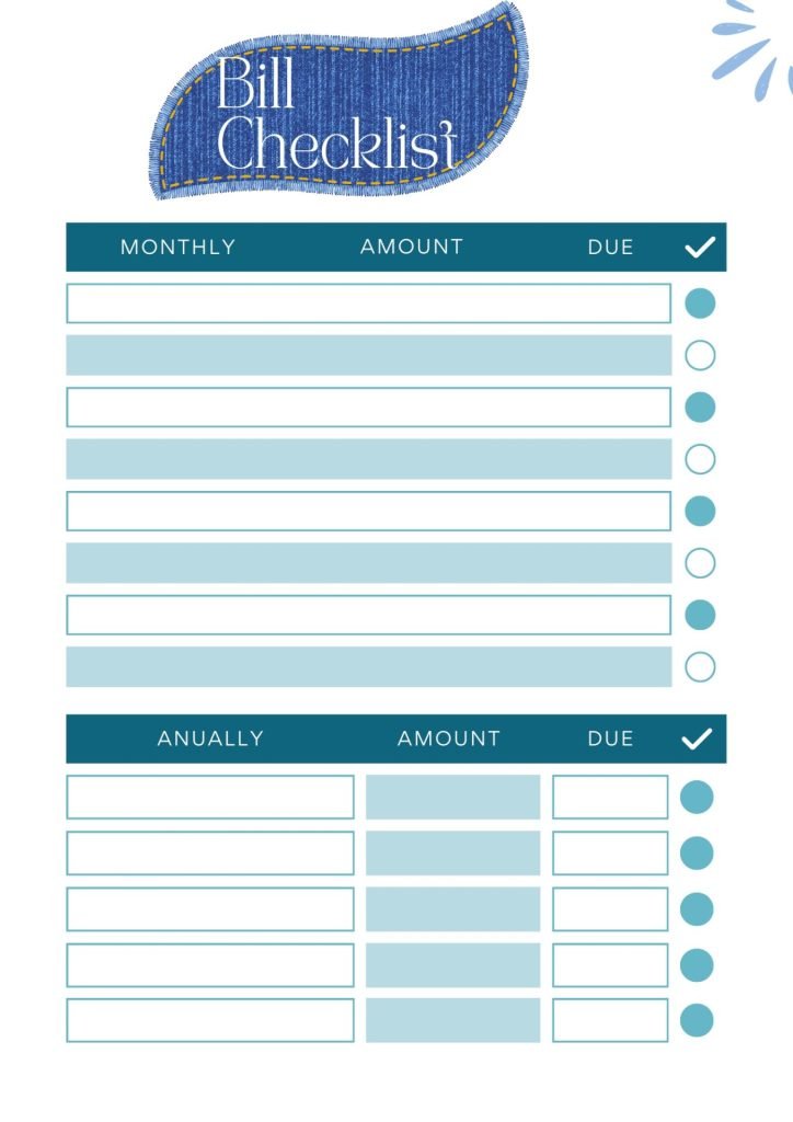 Blue Abstract Watercolor Bill Checklist Planner