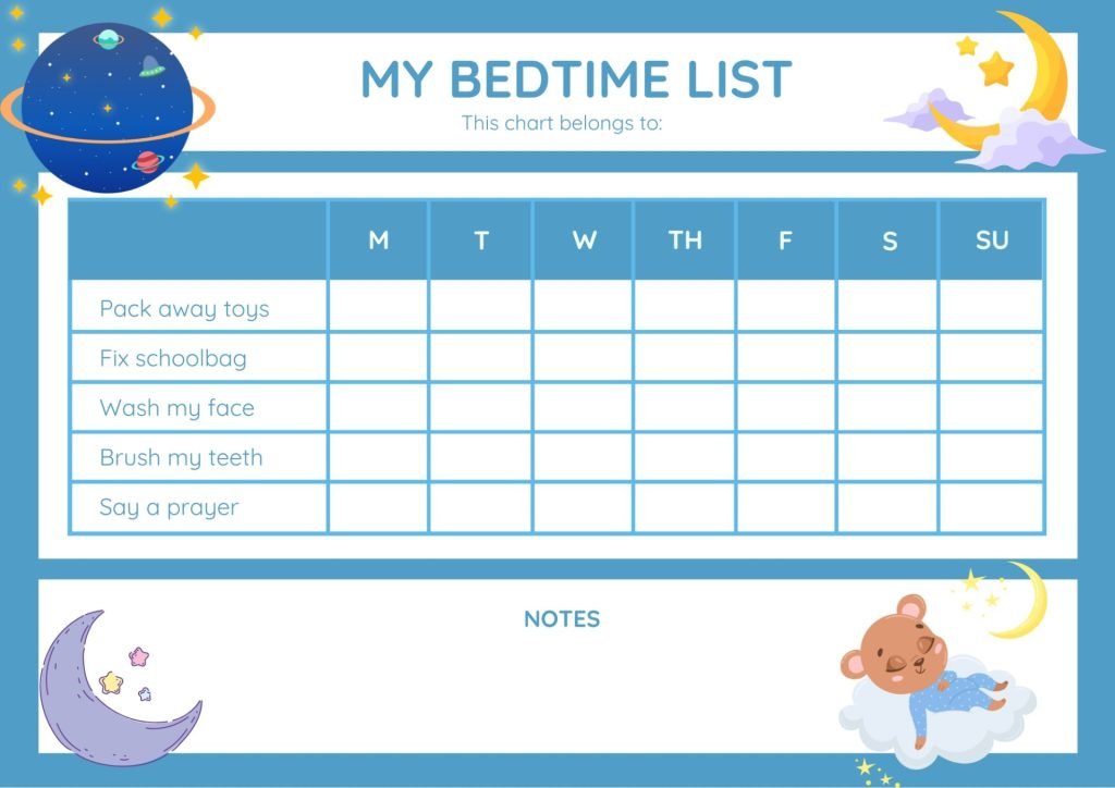 Blue and White Modern Bordered Bedtime Checklist