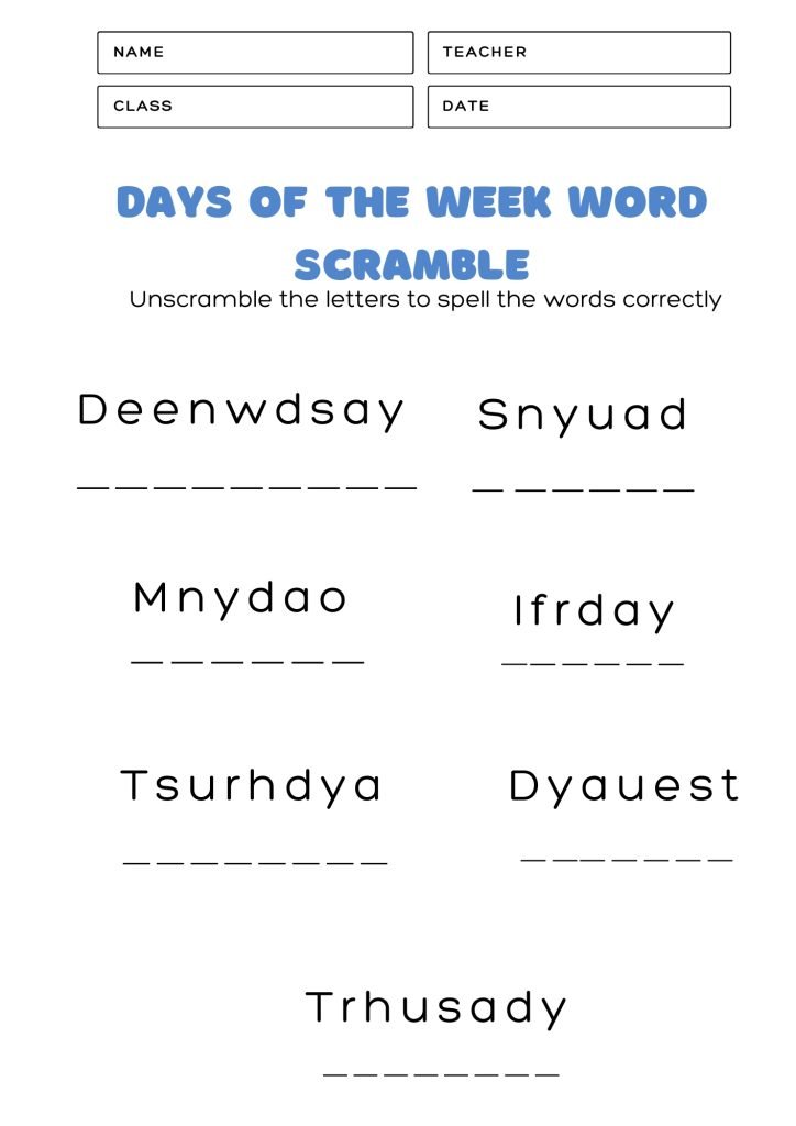 Days Of The Week Word Scramble