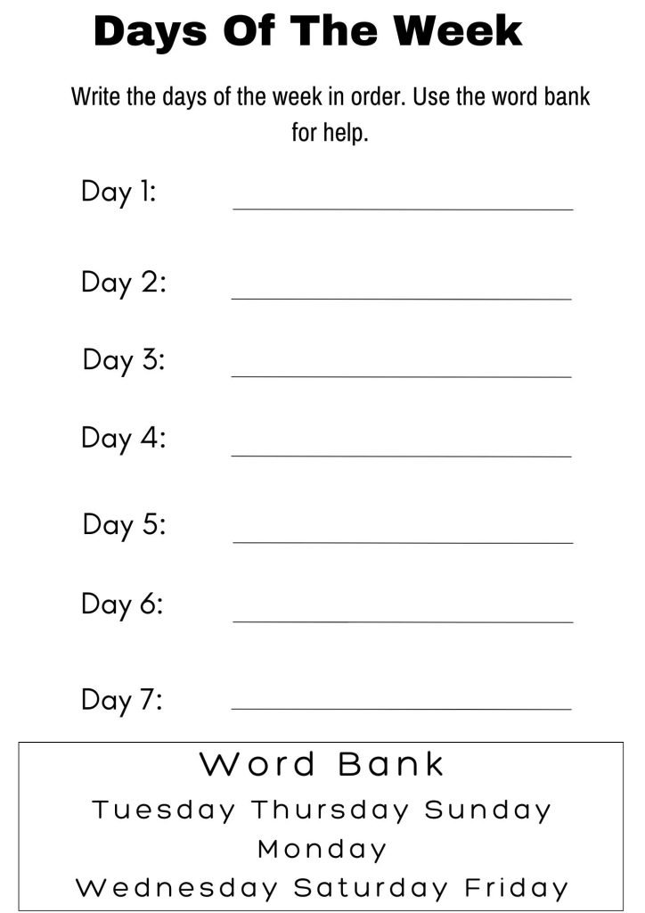 Days Of The Week with word bank