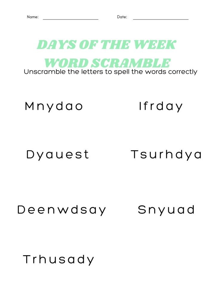 Days Of The Week Word Scramble