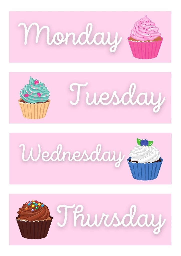 Days Of The Week printable cupcake theme