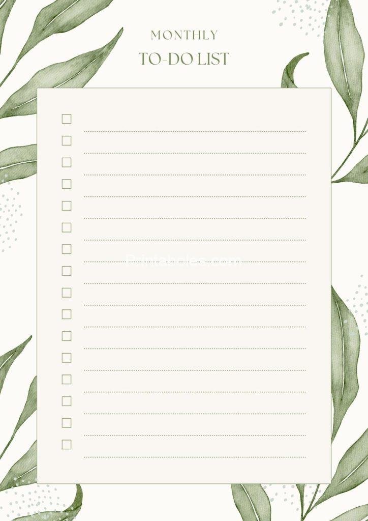 Green Leaf Illustration Monthly To Do List