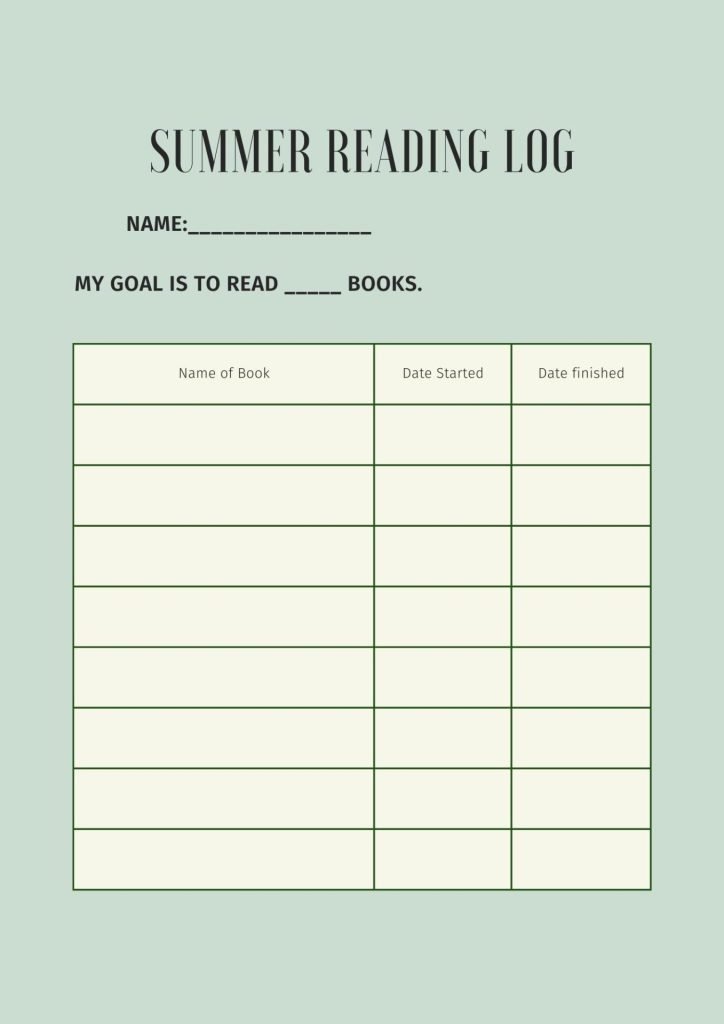 Green Summer Reading Log for students