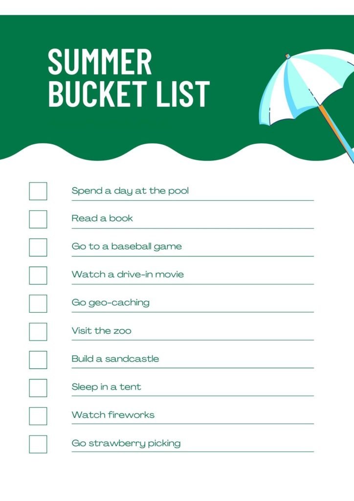 Green and White Fun Family Activity Summer Bucket List Worksheet