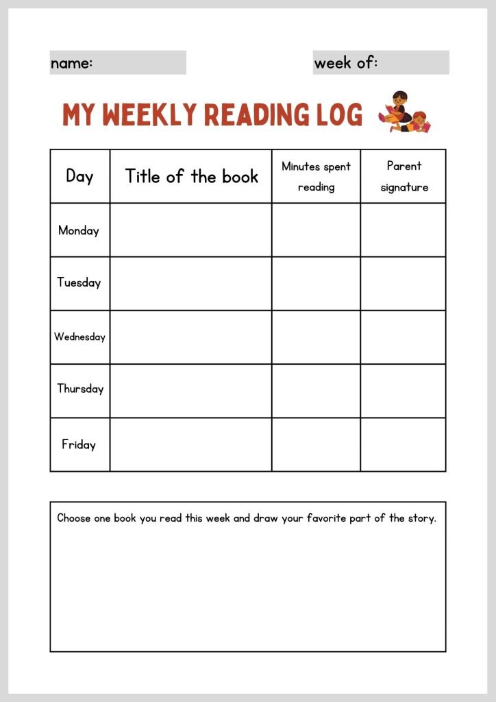 Grey Orange Minimalist Weekly Reading Log English Worksheet