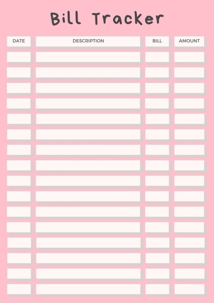 Pink And White Minimalist Bill Tracker Planner