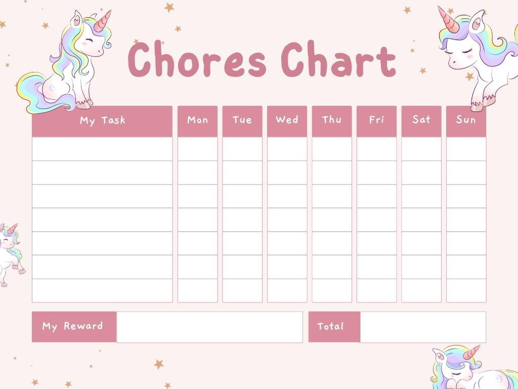 Pink Cute Unicorn Chores Chart