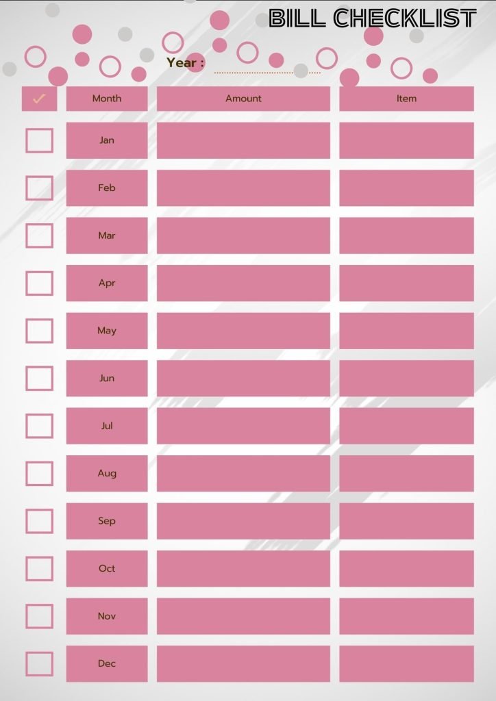 Pink Minimalist Bill Checklist Financial Planner