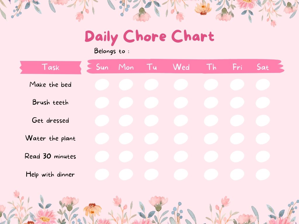 Pink Playful Spring Daily Chore Chart