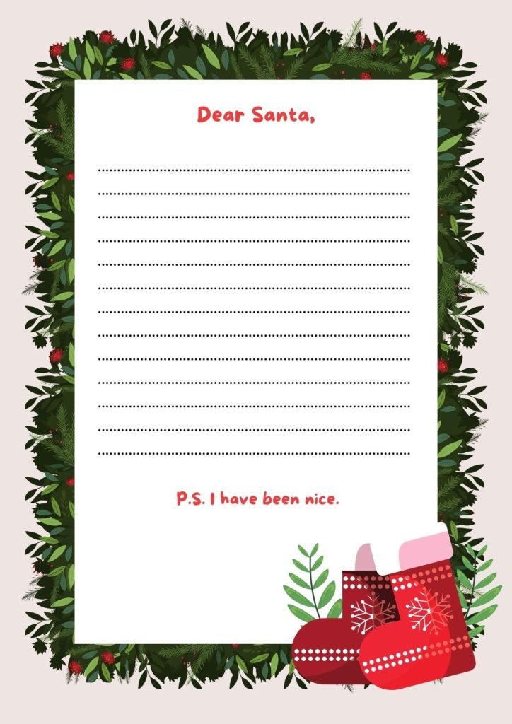 Red Green and White Letter to Santa with Vector Illustration Printable A4 Document