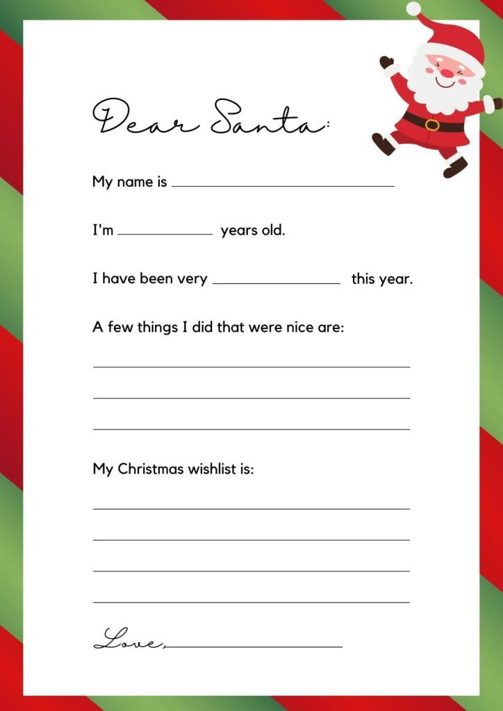 Red and Green Illustrative Dear Santa Letter Writing Worksheet