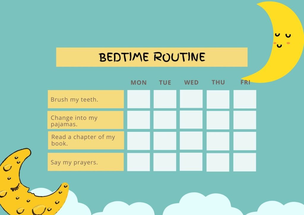Teal and Yellow Moon Bedtime Routine Chart