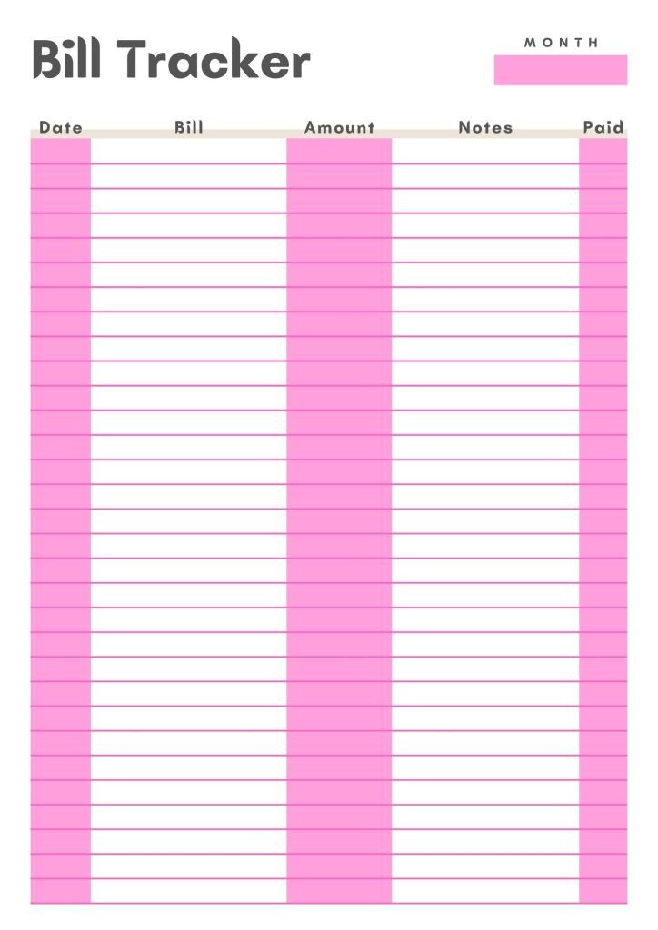 White pink Monthly Bill Tracker Sheet