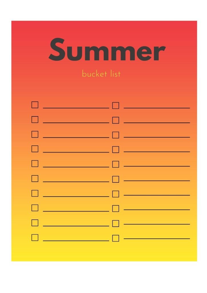 Yellow Summer Activity Summer Bucket List Document