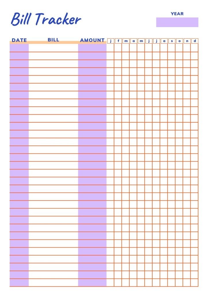 purple orange monthly bill tracker sheet
