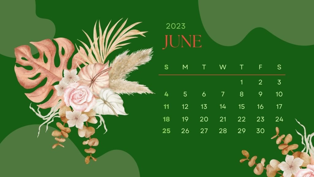 Beige green  Floral Boho Watercolor Illustrated Tropical Flower June 2023 Calendar