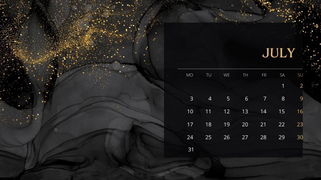 Black Gold Glitter Modern July 2023 Monthly Calendar