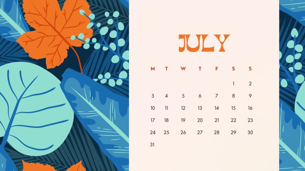 Blue and Orange Leaf Hand Drawn Pattern July Calendar Desktop Wallpaper
