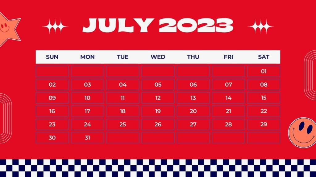 Blue red Simple Retro July 2023 Monthly Calendar