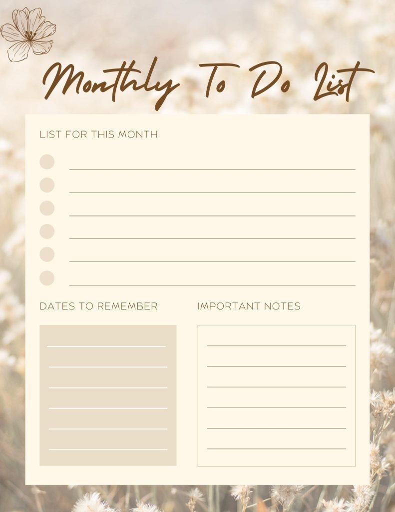 Brown Aesthetic Monthly To Do List