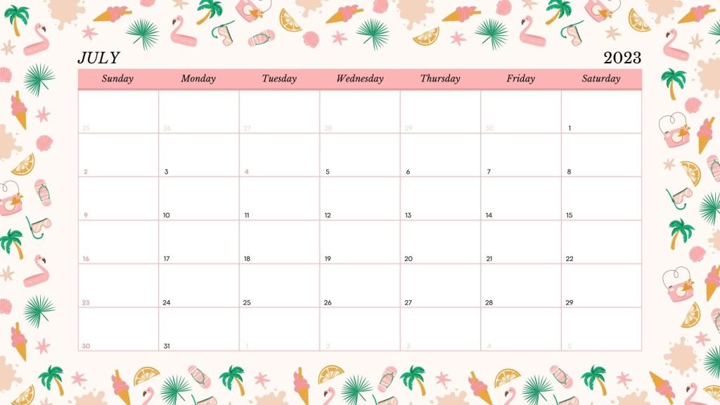 Cream Pink Simple Illustrated July 2023 Calendar