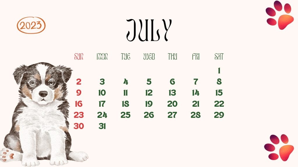Cream  Puppy Aesthetic July 2023 Calendar