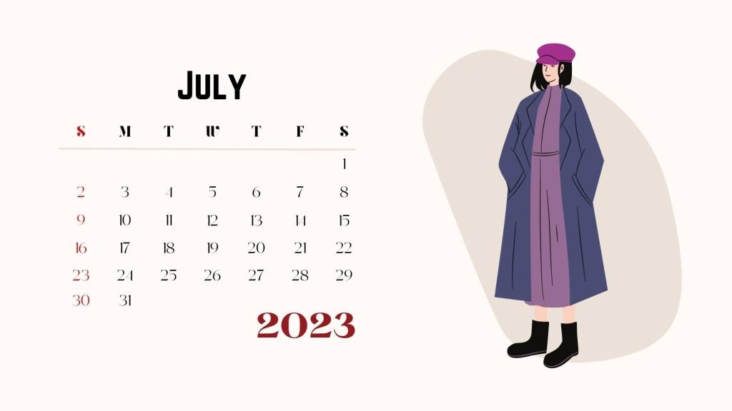 Cream White Black  Beige Colorful Simple Minimalist Elegant Illustration July Woman 2023 Calendar